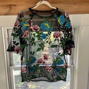 Zara Black, Floral embroidered, Mesh top